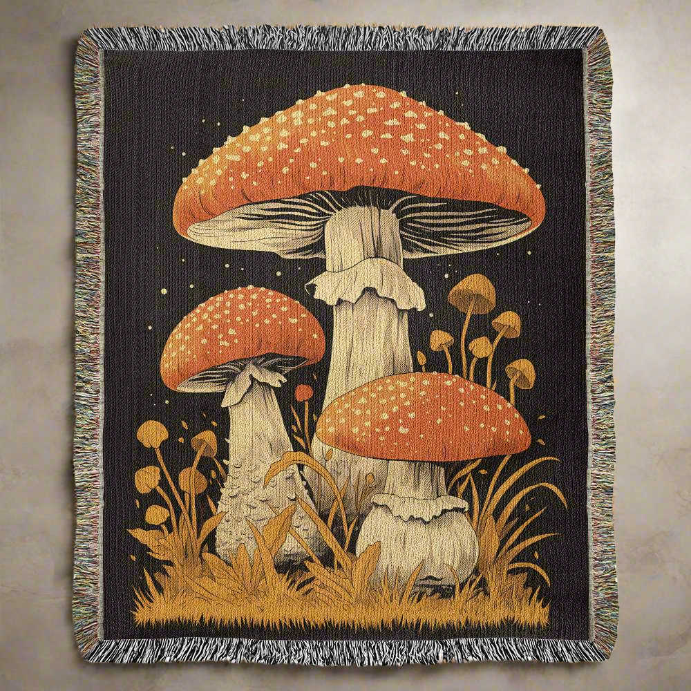 Retro 70s Style Red Mushroom Woven Blanket
