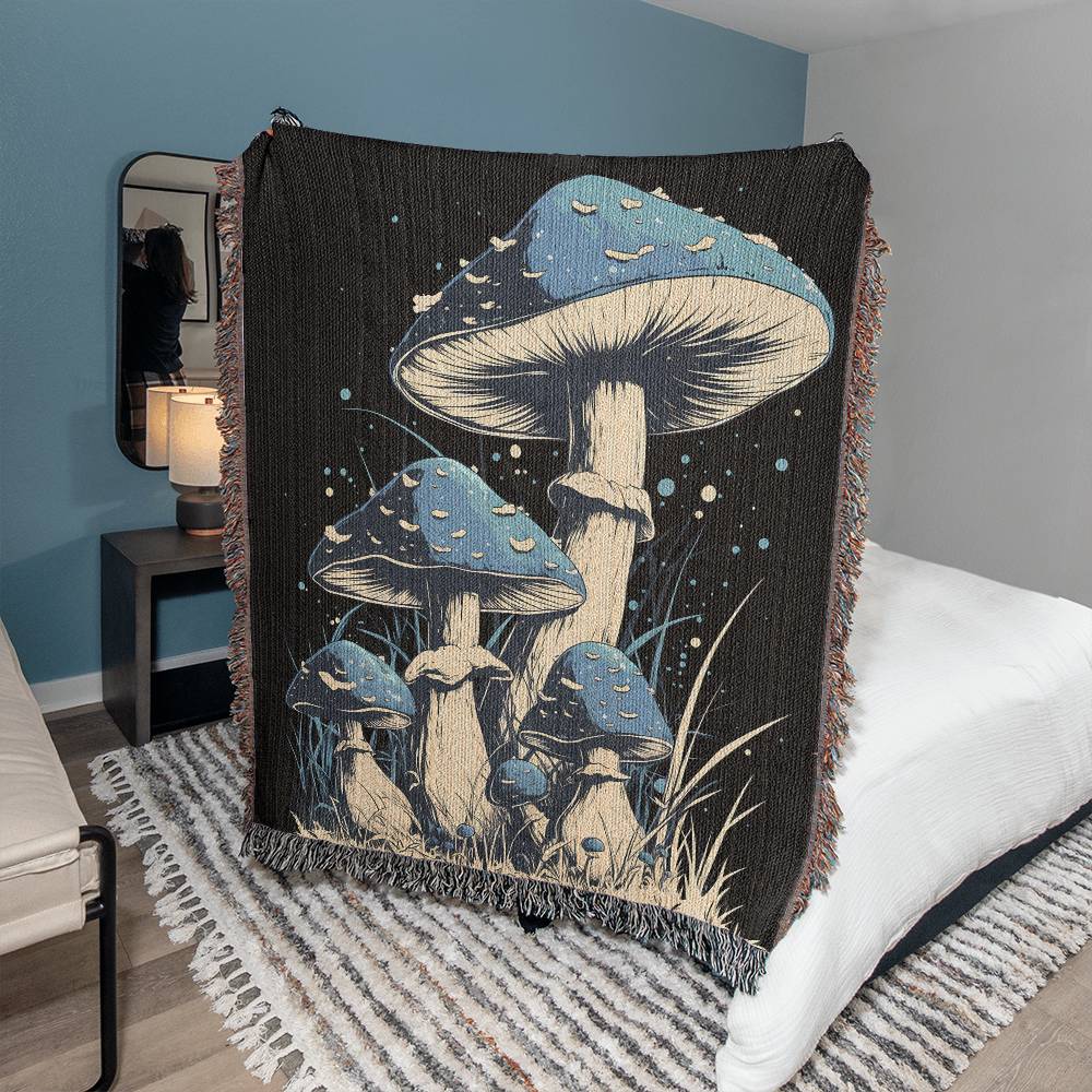 Blue Mushroom Vintage Style Woven Blanket