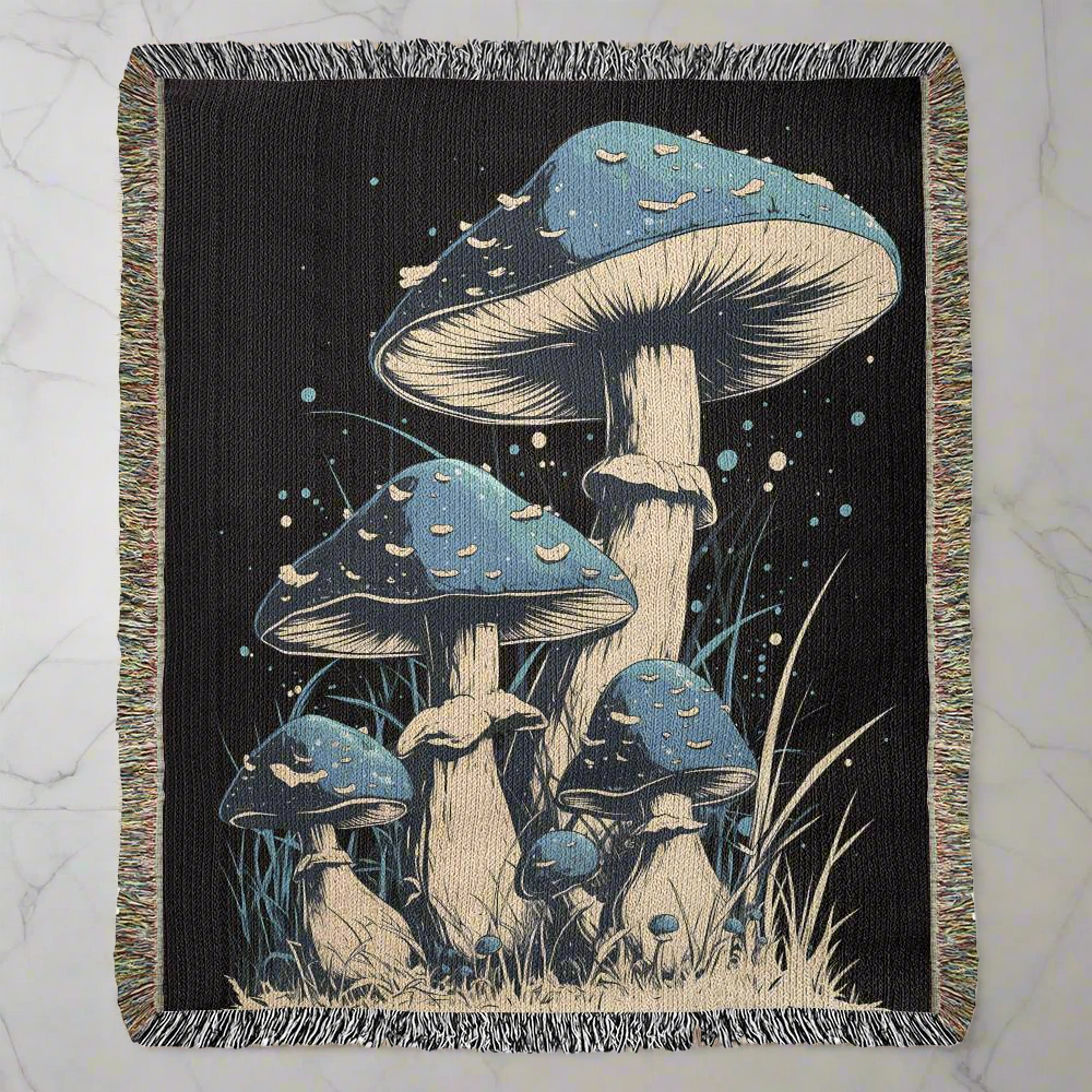 Blue Mushroom Vintage Style Woven Blanket